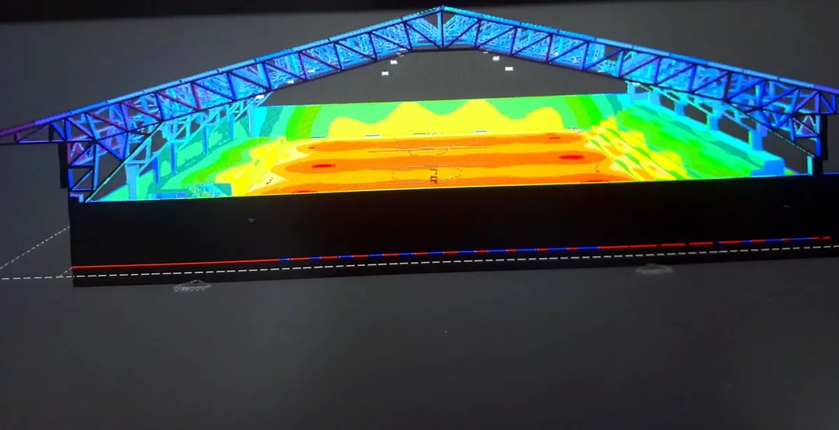 Simulación 3D de niveles de iluminación en falso color de un escenario deportivo cubierto.